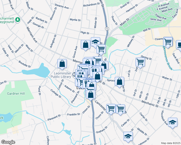map of restaurants, bars, coffee shops, grocery stores, and more near 15 Water Street in Leominster