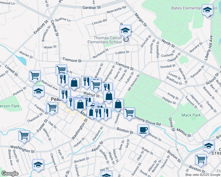map of restaurants, bars, coffee shops, grocery stores, and more near 17 Harris Street in Peabody
