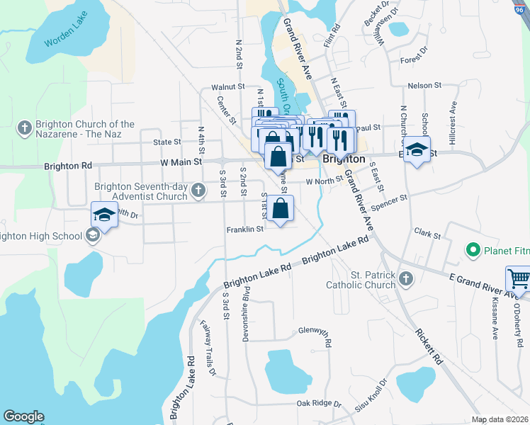 map of restaurants, bars, coffee shops, grocery stores, and more near 332 S 1st St in Brighton