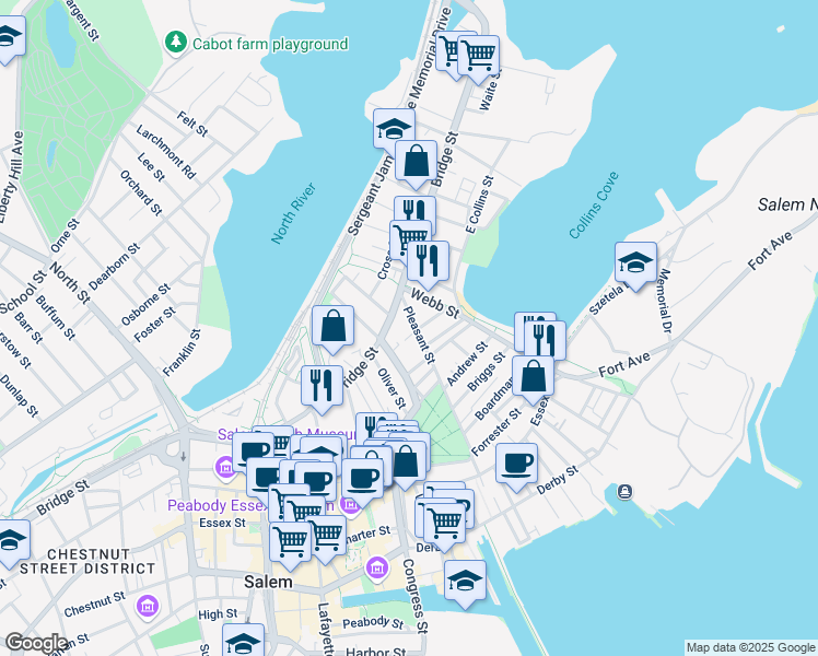 map of restaurants, bars, coffee shops, grocery stores, and more near 3 Parker Court in Salem