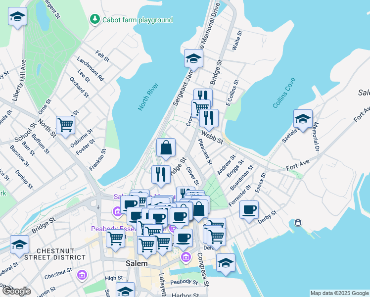 map of restaurants, bars, coffee shops, grocery stores, and more near 138 Bridge Street in Salem