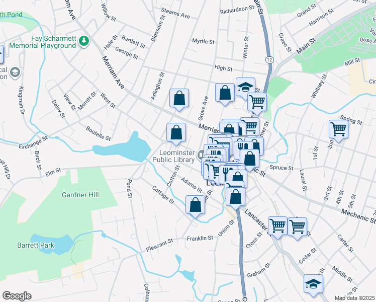 map of restaurants, bars, coffee shops, grocery stores, and more near 51 Pearl Street in Leominster