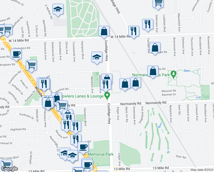 map of restaurants, bars, coffee shops, grocery stores, and more near 4251 Coolidge Highway in Royal Oak