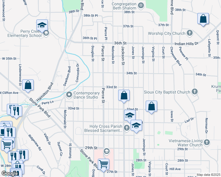 map of restaurants, bars, coffee shops, grocery stores, and more near 3242 Nebraska Street in Sioux City