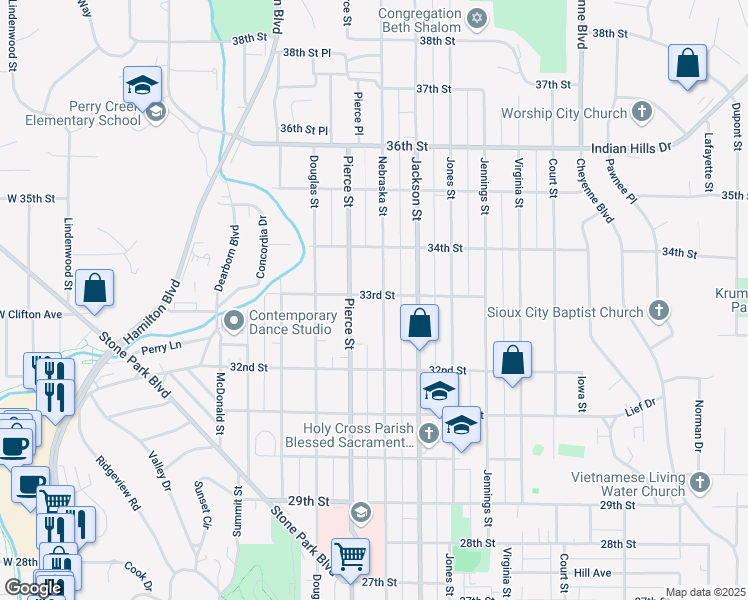 map of restaurants, bars, coffee shops, grocery stores, and more near 3242 Nebraska Street in Sioux City