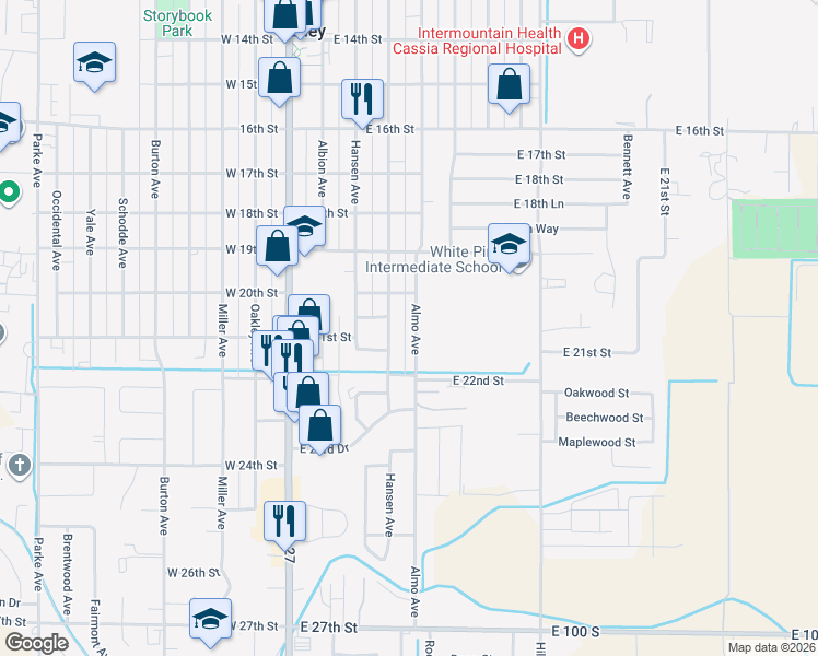 map of restaurants, bars, coffee shops, grocery stores, and more near 2070 Almo Avenue in Burley