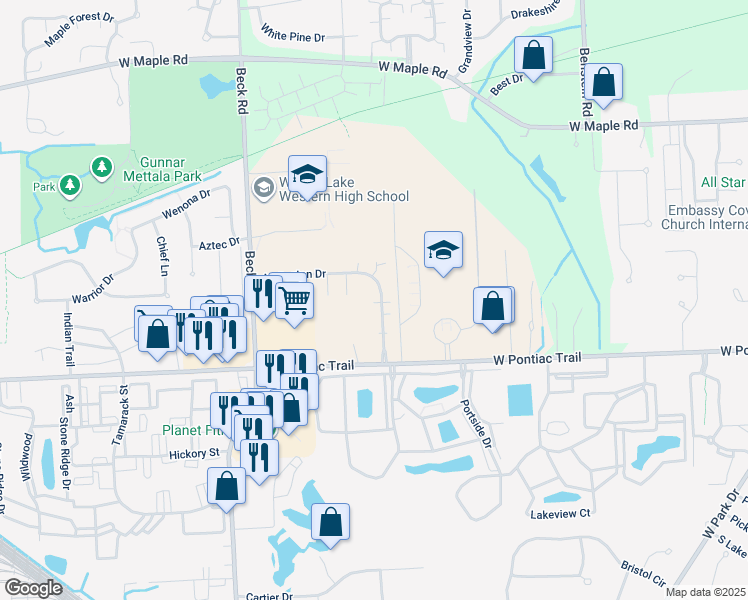 map of restaurants, bars, coffee shops, grocery stores, and more near 14106 Addington Drive in Commerce Charter Township