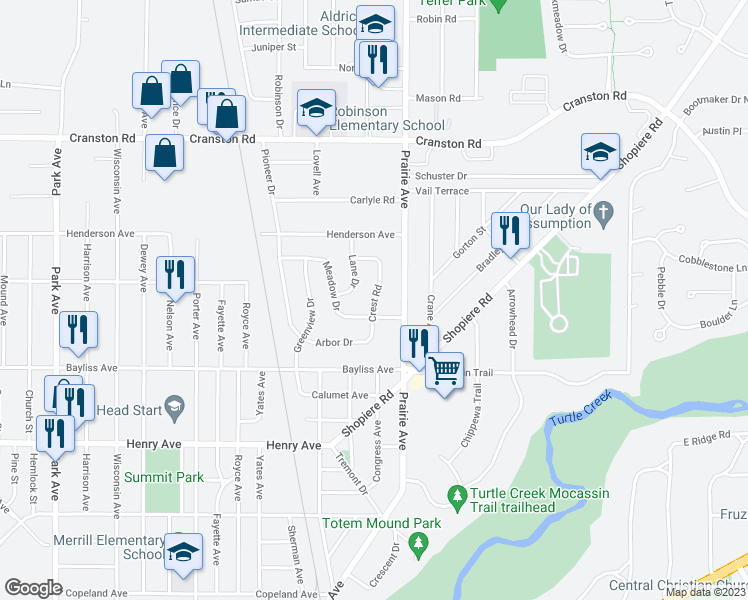 map of restaurants, bars, coffee shops, grocery stores, and more near 2098 Crest Road in Beloit