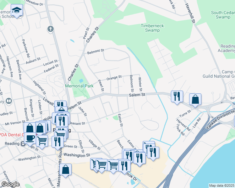 map of restaurants, bars, coffee shops, grocery stores, and more near 10 Pierce Street in Reading