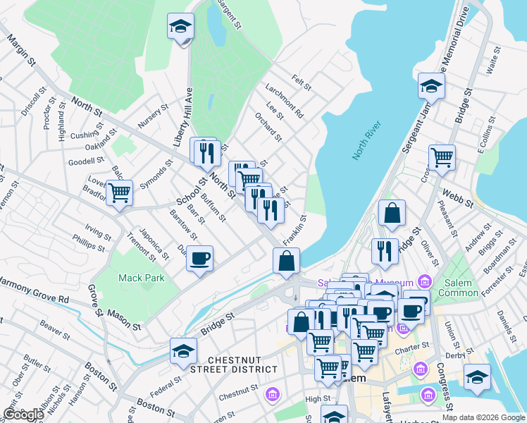map of restaurants, bars, coffee shops, grocery stores, and more near 105 North Street in Salem