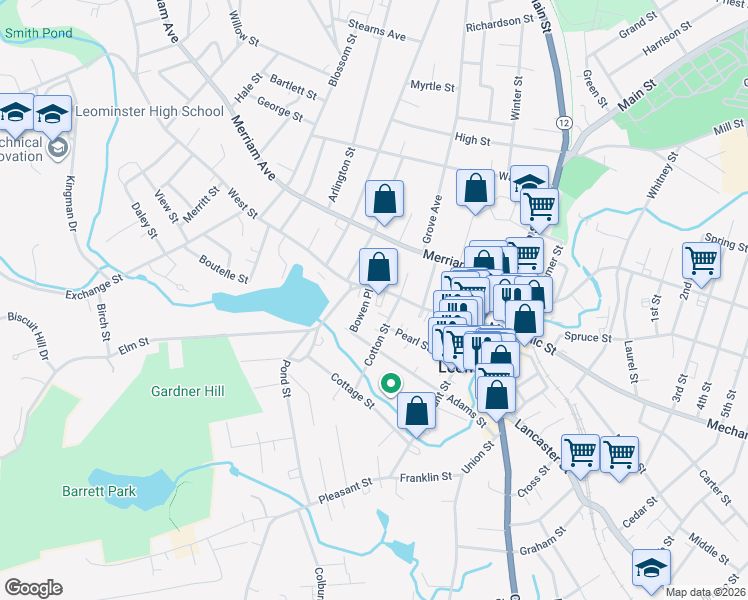 map of restaurants, bars, coffee shops, grocery stores, and more near 27 Cotton Street in Leominster