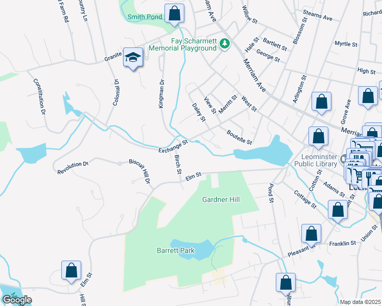 map of restaurants, bars, coffee shops, grocery stores, and more near 30 Birch Street in Leominster