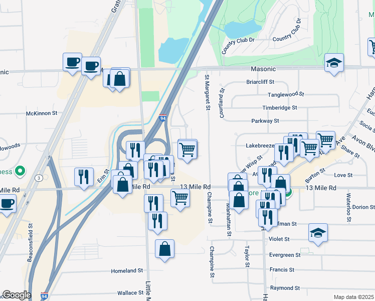 map of restaurants, bars, coffee shops, grocery stores, and more near 20891 13 Mile Road in Roseville