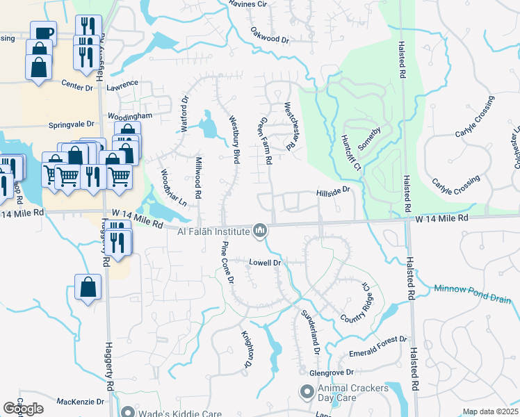 map of restaurants, bars, coffee shops, grocery stores, and more near 7450 Sauterne Street in West Bloomfield Township