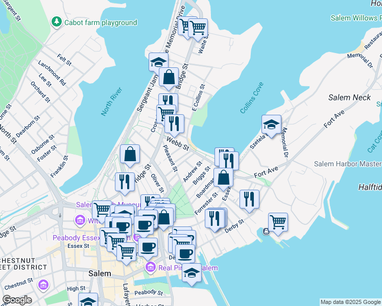 map of restaurants, bars, coffee shops, grocery stores, and more near 25 Pickman Street in Salem