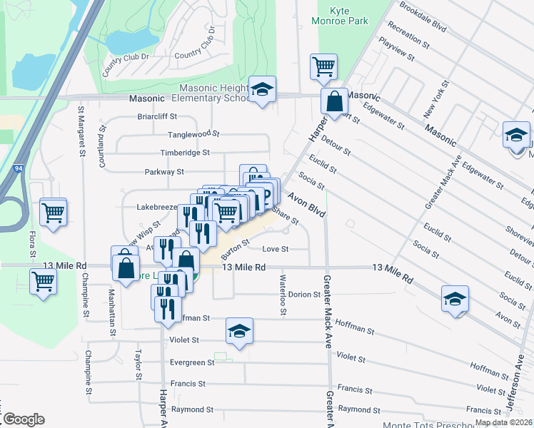 map of restaurants, bars, coffee shops, grocery stores, and more near 31269 Burton Street in St. Clair Shores
