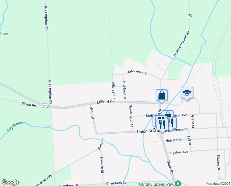 map of restaurants, bars, coffee shops, grocery stores, and more near 4917 Hillcrest Drive in Dundee