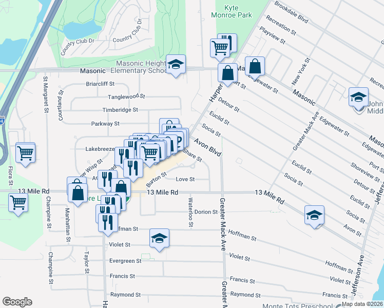 map of restaurants, bars, coffee shops, grocery stores, and more near 31295 Burton Street in St. Clair Shores
