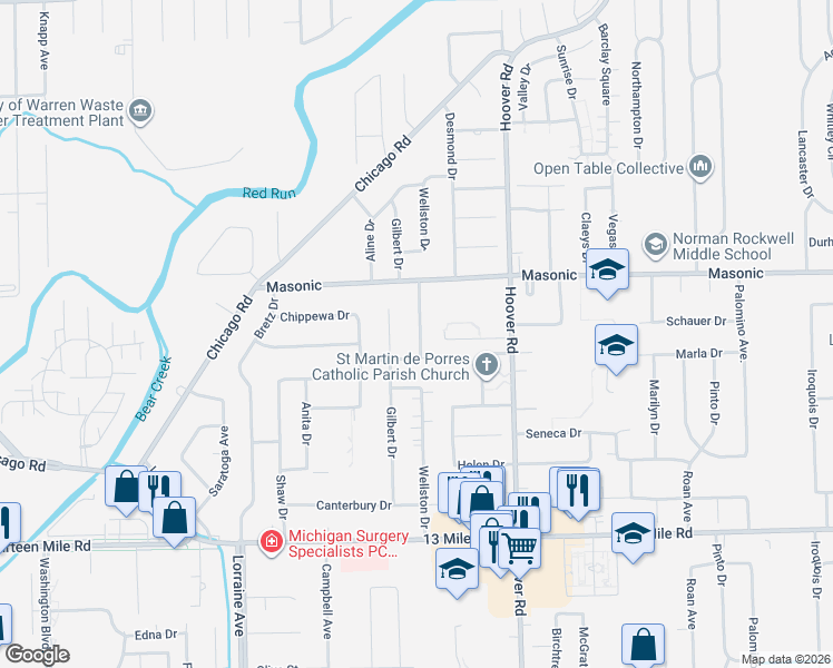 map of restaurants, bars, coffee shops, grocery stores, and more near 11364 Hanover Drive in Warren