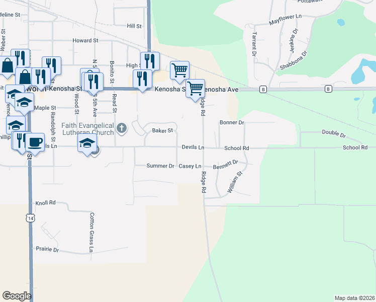 map of restaurants, bars, coffee shops, grocery stores, and more near 612 Casey Lane in Walworth