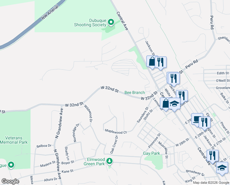 map of restaurants, bars, coffee shops, grocery stores, and more near 690 West 32nd Street in Dubuque