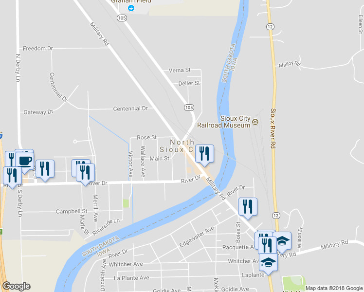map of restaurants, bars, coffee shops, grocery stores, and more near in North Sioux City