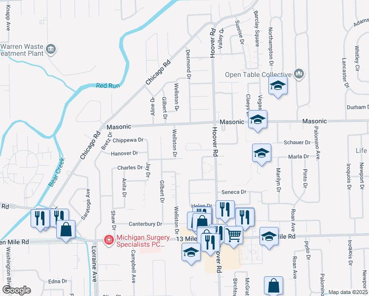 map of restaurants, bars, coffee shops, grocery stores, and more near 11424 Hanover Drive in Warren