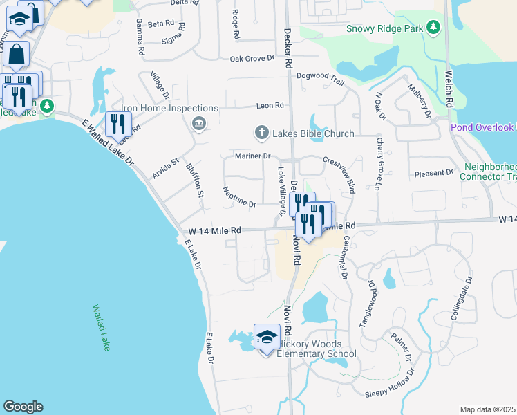 map of restaurants, bars, coffee shops, grocery stores, and more near 217 Neptune Drive in Walled Lake