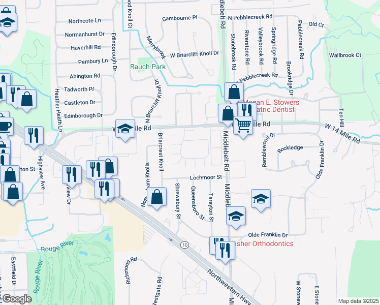 map of restaurants, bars, coffee shops, grocery stores, and more near 33000 Covington Club Drive in Farmington