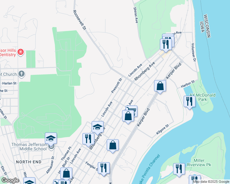 map of restaurants, bars, coffee shops, grocery stores, and more near 1945 Prescott Street in Dubuque