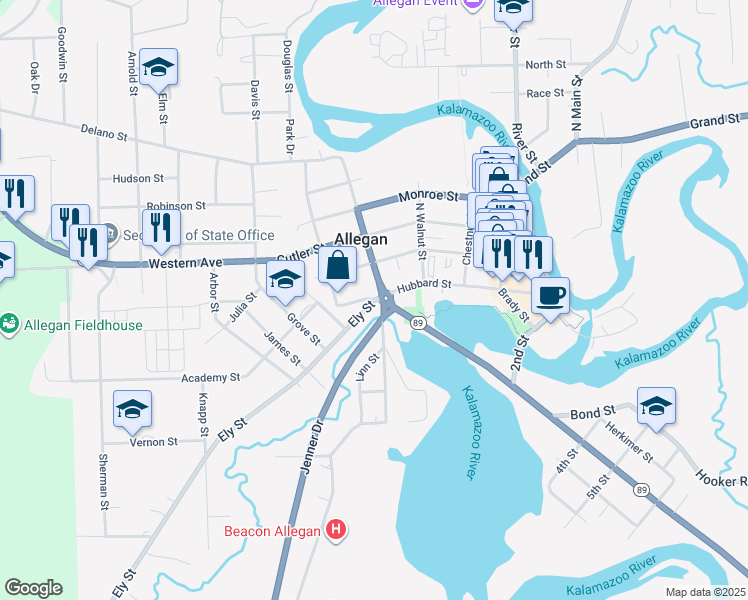 map of restaurants, bars, coffee shops, grocery stores, and more near 2 Ely Street in Allegan