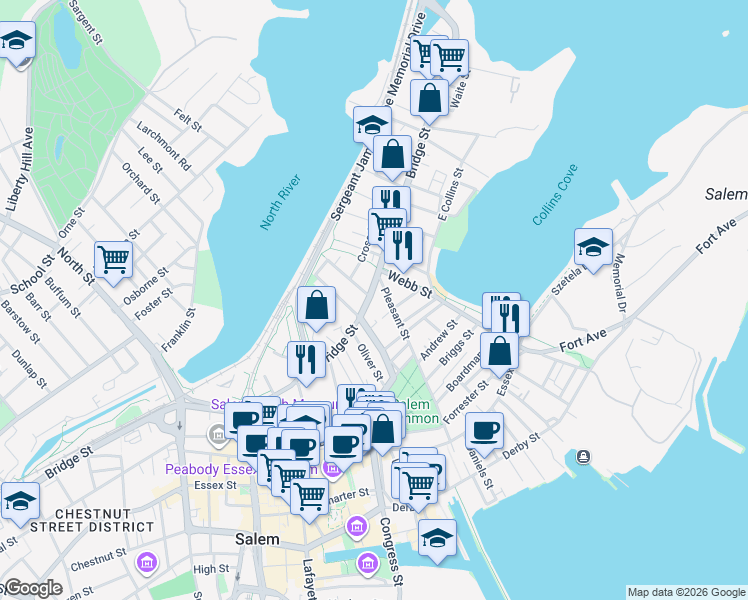 map of restaurants, bars, coffee shops, grocery stores, and more near 3 Pleasant Street in Salem