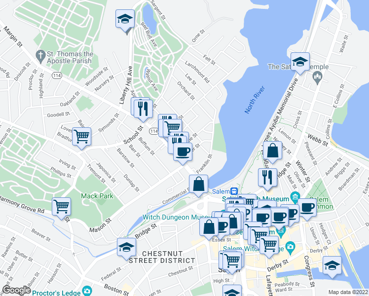 map of restaurants, bars, coffee shops, grocery stores, and more near 4 Upham Street in Salem