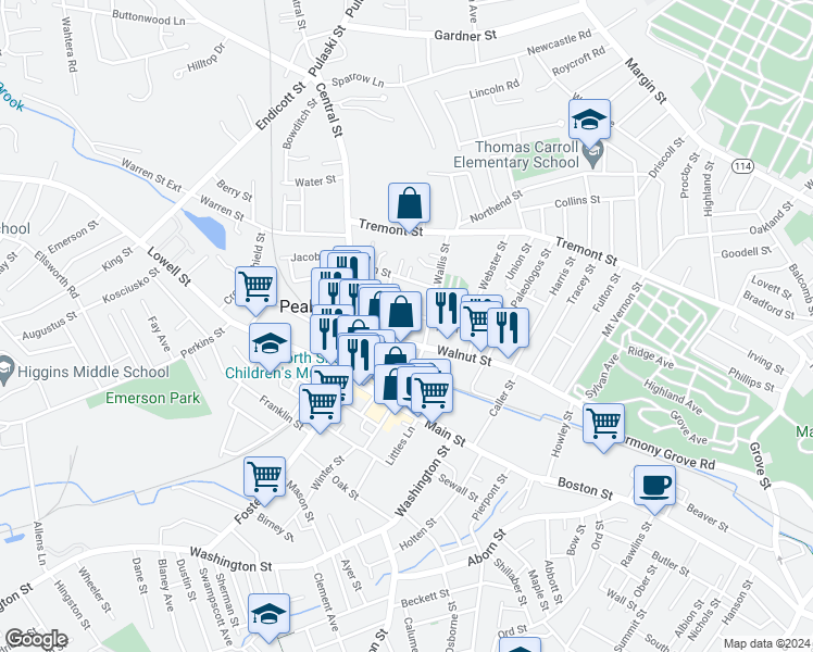 map of restaurants, bars, coffee shops, grocery stores, and more near 14 Hardy Street in Peabody