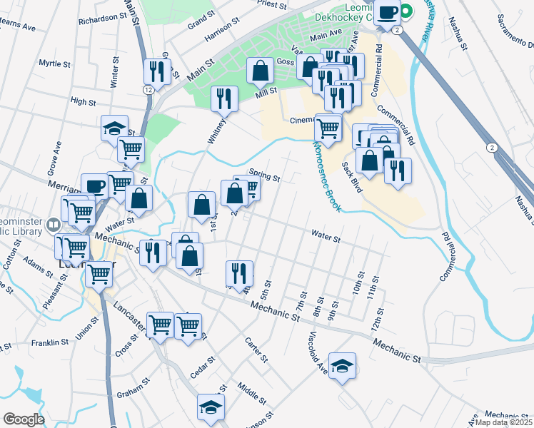 map of restaurants, bars, coffee shops, grocery stores, and more near 48 3rd Street in Leominster