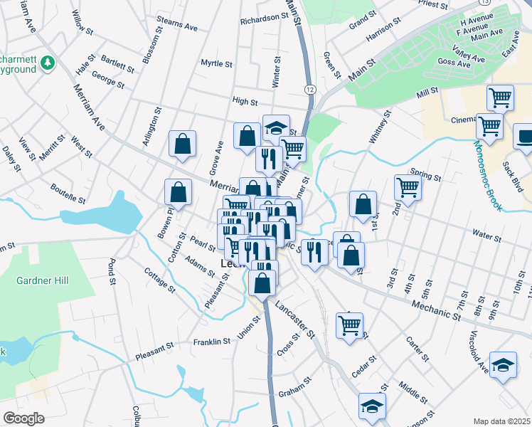 map of restaurants, bars, coffee shops, grocery stores, and more near 76 Main Street in Leominster