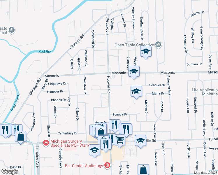 map of restaurants, bars, coffee shops, grocery stores, and more near 31877 Hoover Road in Warren