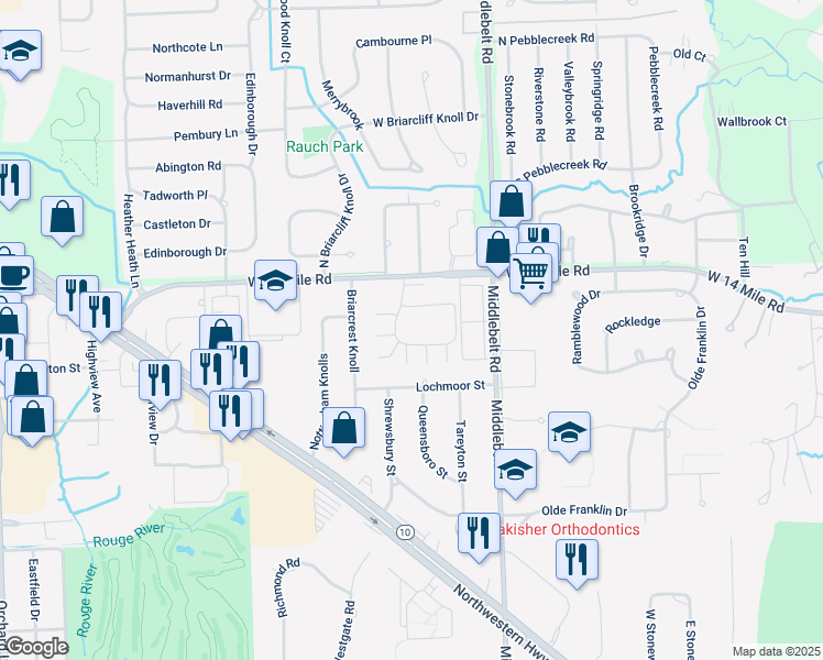 map of restaurants, bars, coffee shops, grocery stores, and more near 13 Covington Club Drive in Farmington Hills