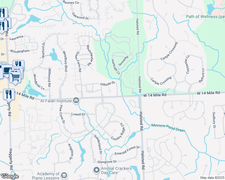map of restaurants, bars, coffee shops, grocery stores, and more near 7070-7132 Hillside Drive in West Bloomfield Township