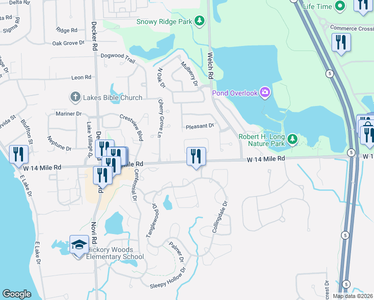 map of restaurants, bars, coffee shops, grocery stores, and more near 294 Winslow Circle in Commerce Charter Township