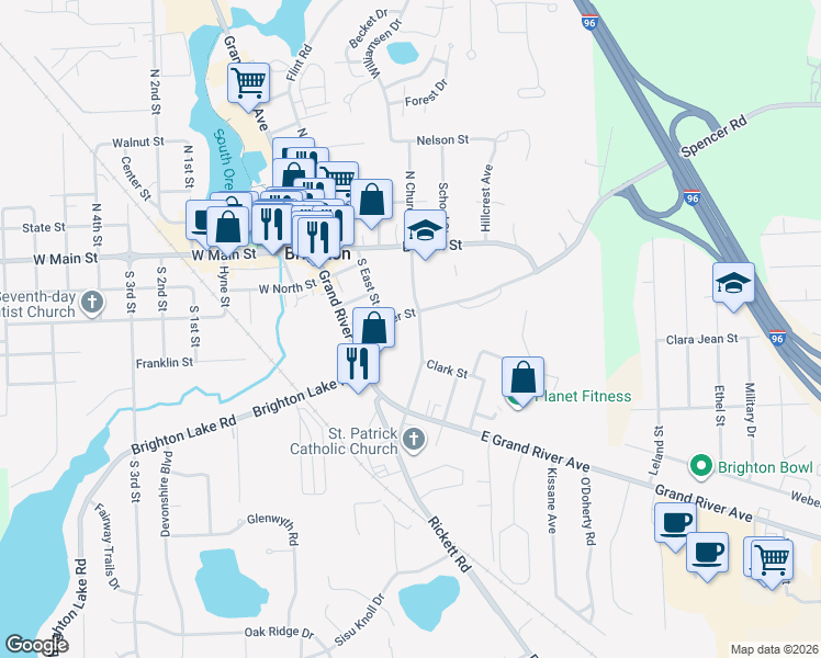 map of restaurants, bars, coffee shops, grocery stores, and more near 629 Spencer Street in Brighton
