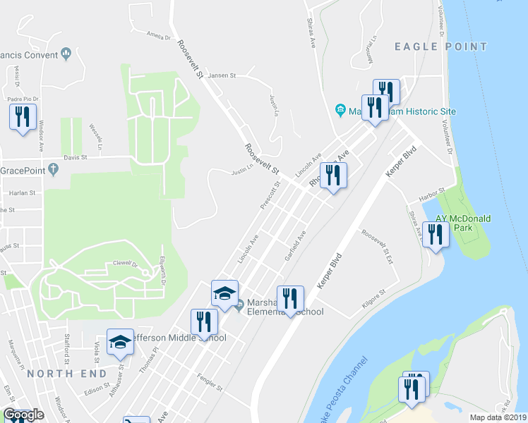 map of restaurants, bars, coffee shops, grocery stores, and more near 1945 Prescott Street in Dubuque