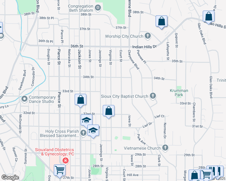 map of restaurants, bars, coffee shops, grocery stores, and more near 3300 Virginia Street in Sioux City
