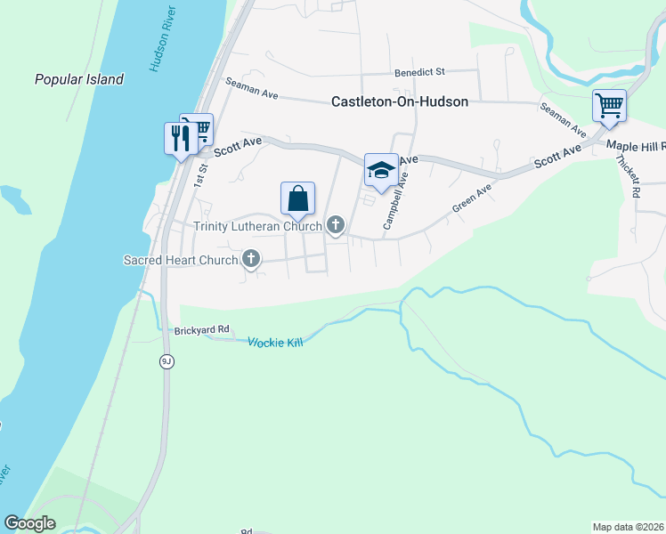 map of restaurants, bars, coffee shops, grocery stores, and more near 2 Morgan Terrace in Castleton-on-Hudson