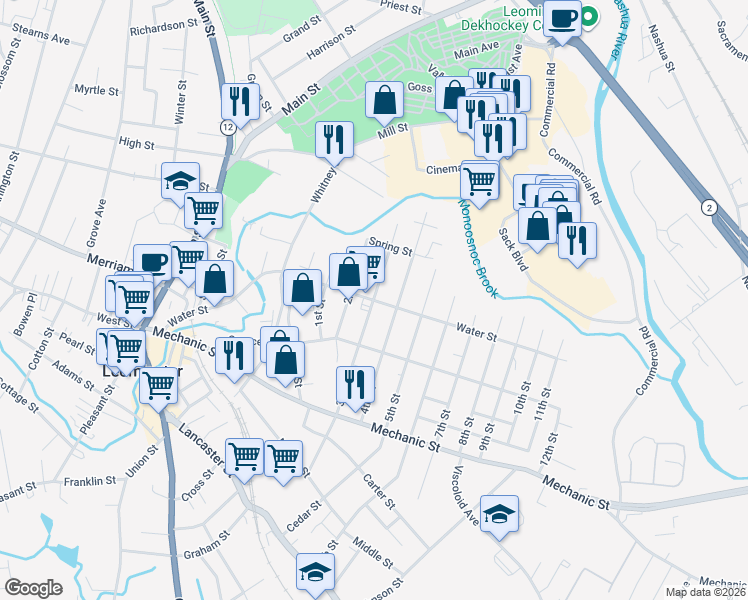 map of restaurants, bars, coffee shops, grocery stores, and more near 196 Water Street in Leominster