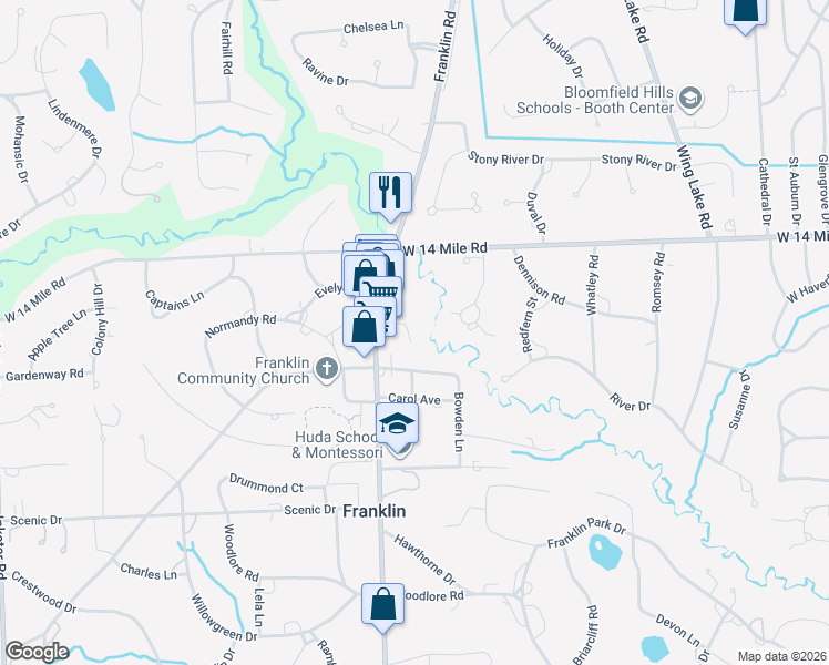 map of restaurants, bars, coffee shops, grocery stores, and more near 32708 Ravine Drive in Franklin