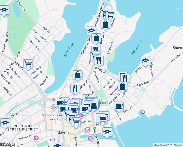 map of restaurants, bars, coffee shops, grocery stores, and more near 3 Pleasant Street in Salem