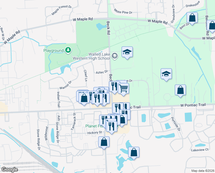 map of restaurants, bars, coffee shops, grocery stores, and more near 355 Beck Road in Commerce Charter Township