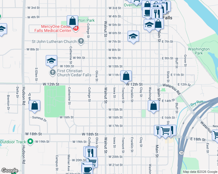 map of restaurants, bars, coffee shops, grocery stores, and more near 611 West 12th Street in Cedar Falls