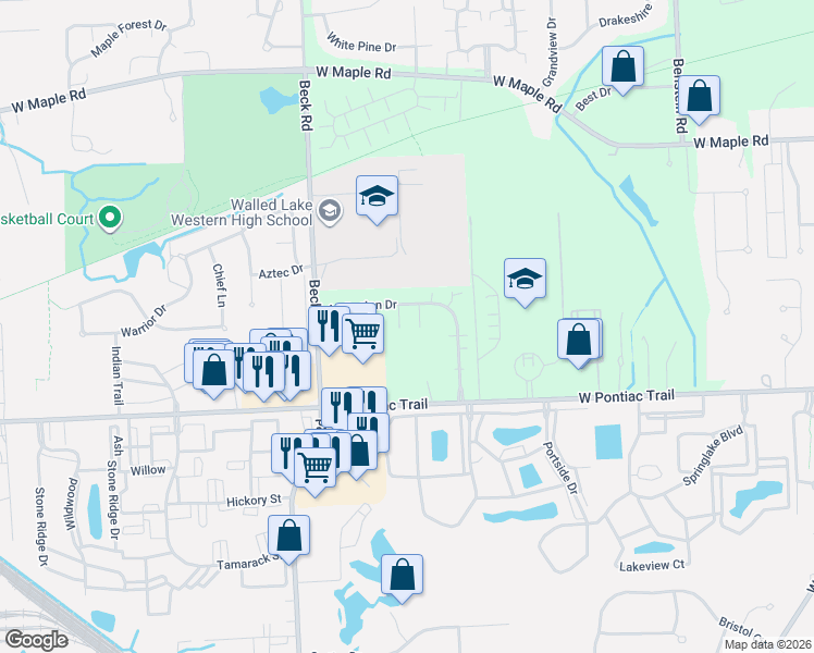 map of restaurants, bars, coffee shops, grocery stores, and more near 9105 Addington Drive in Commerce Charter Township